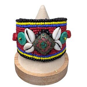 Vintage Tibetan Black Cuff Decorated Turquoise, Cowrie Shells Coral Glass Beads